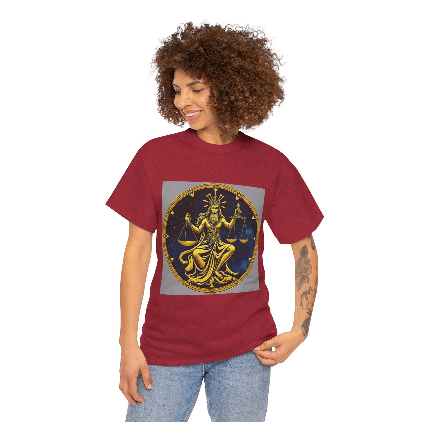 Unisex Heavy Cotton T-Shirt, Gold Libra God, Zodiac Design