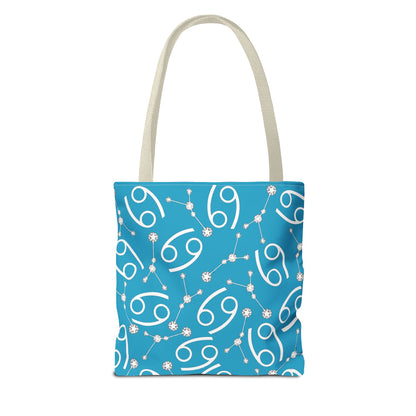 Tote Bag, Cancer Zodiac Sign, AOP, (Turquoise, White)