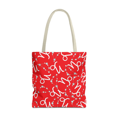 Tote Bag, Capricorn Zodiac Sign, AOP, (Red, White)