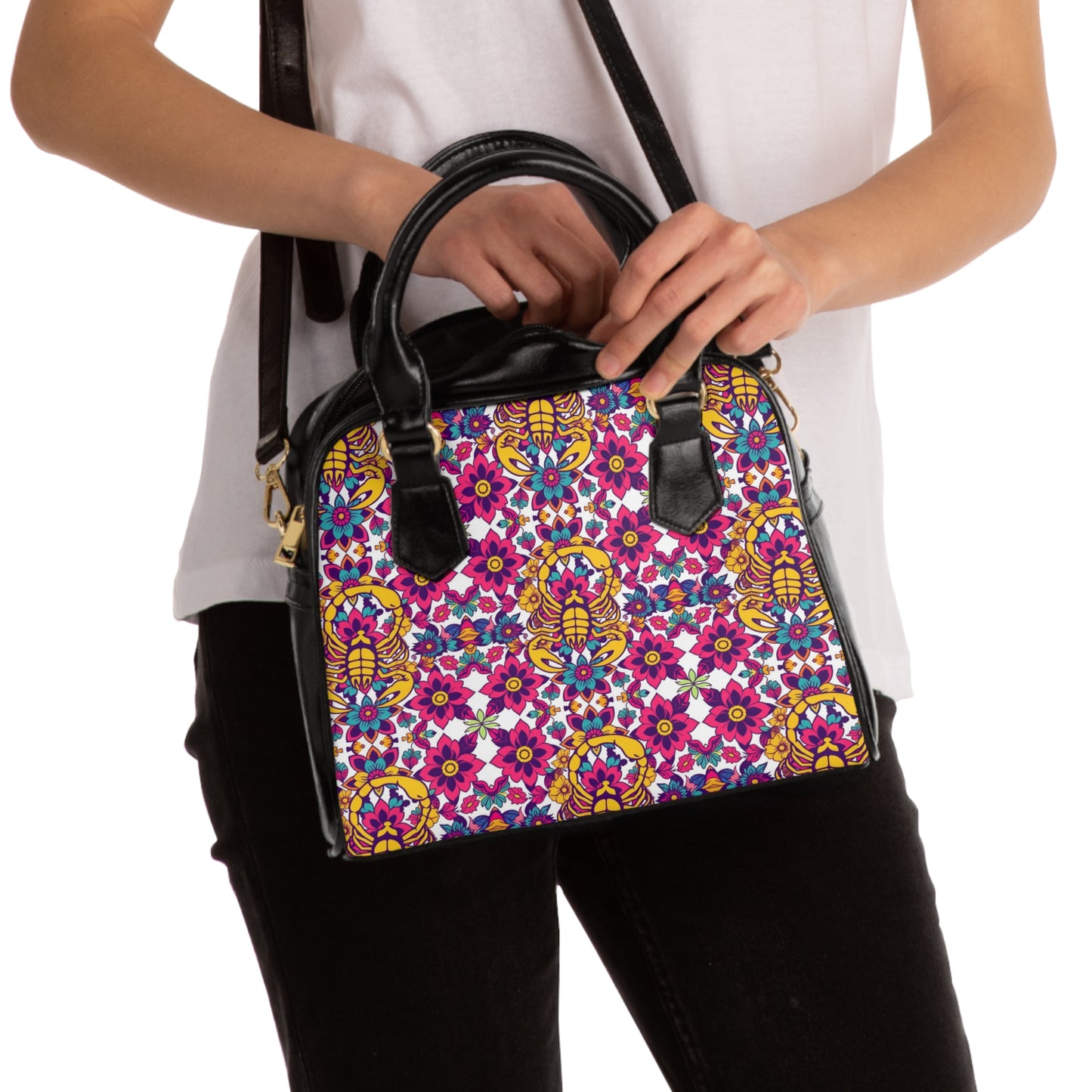 Shoulder Handbag, Scorpio, Zodiac v1, Flower Pattern