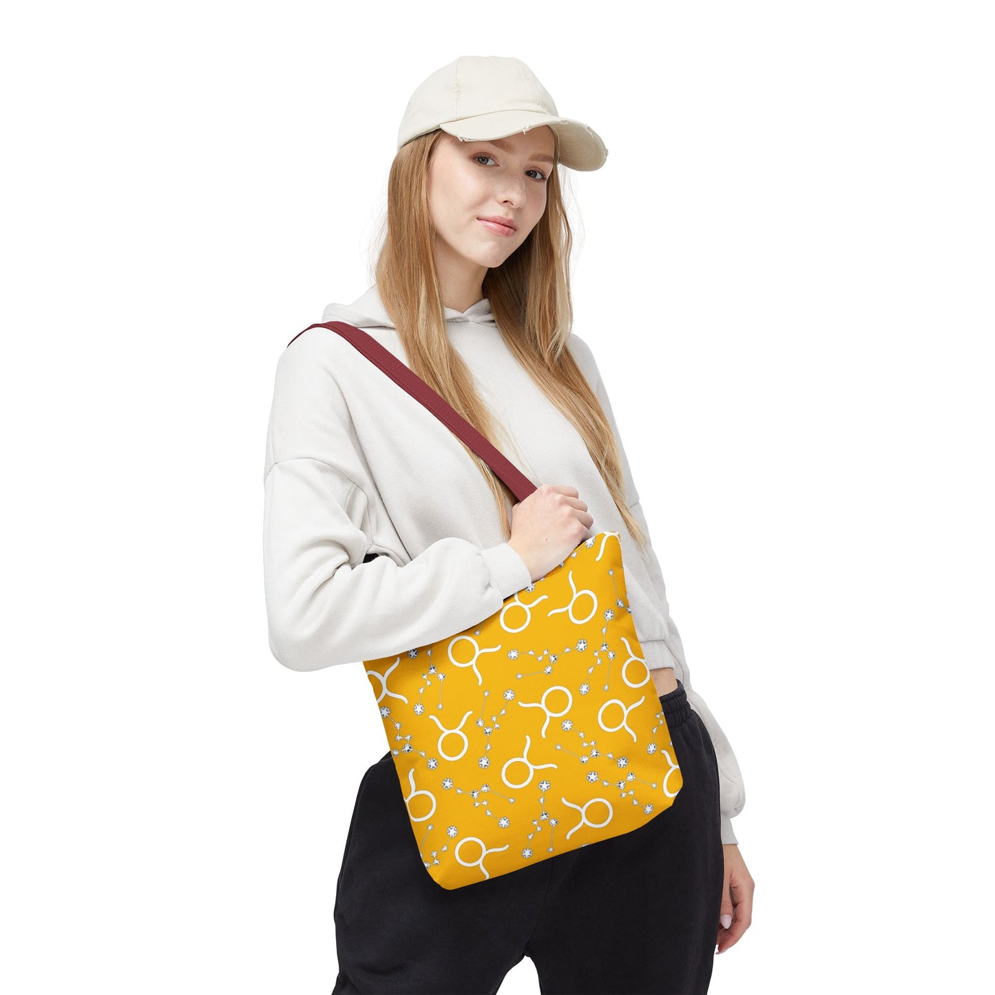 Tote Bag, Taurus Zodiac Sign, AOP, (Yellow, White)