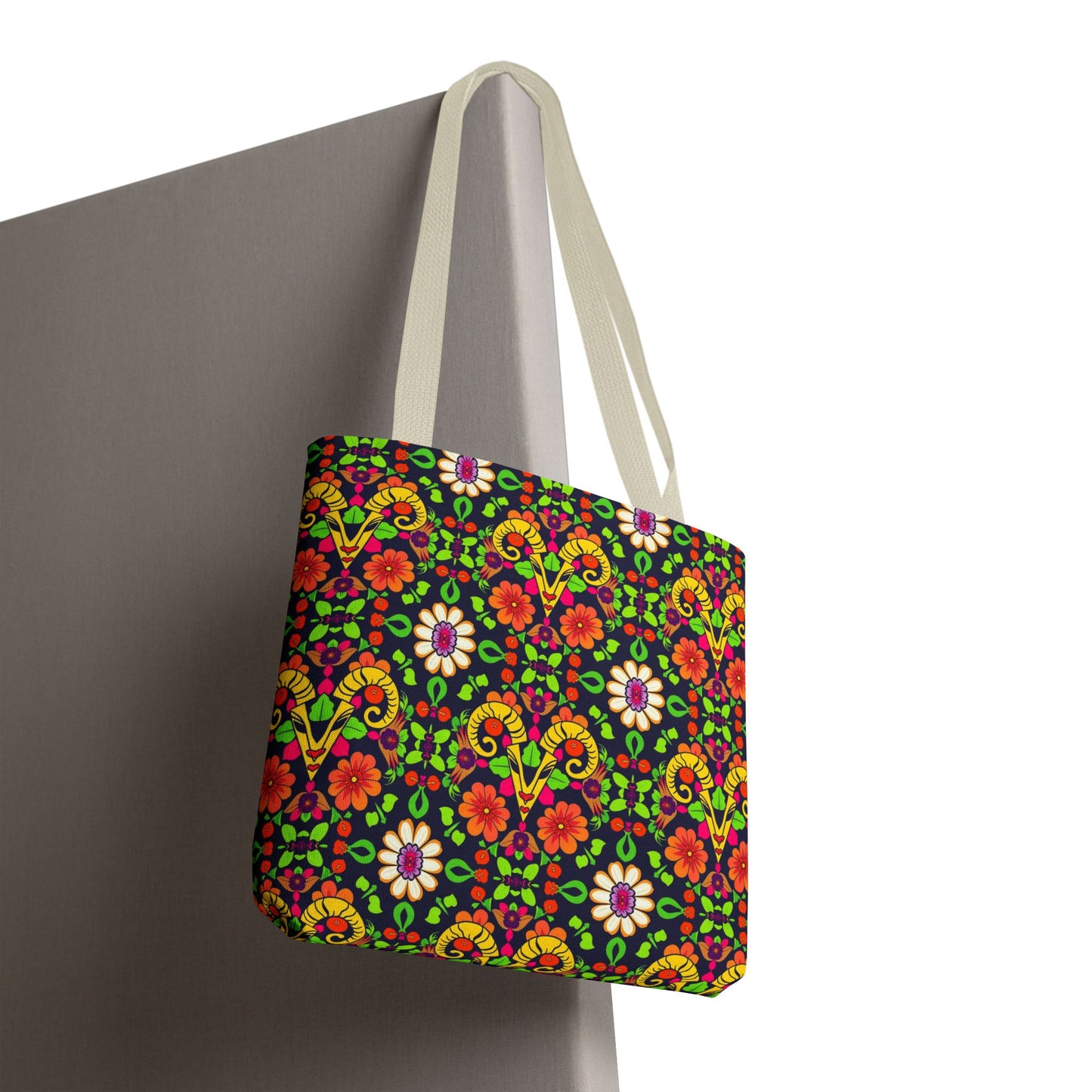 Tote Bag, (AOP), Aries, Zodiac, Flower Pattern