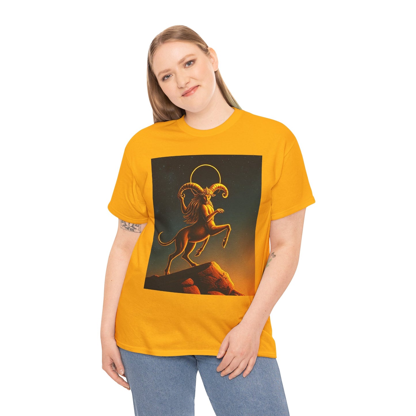 Unisex Heavy Cotton T-Shirt, Mountain Top 1v, Aries Zodiac Design