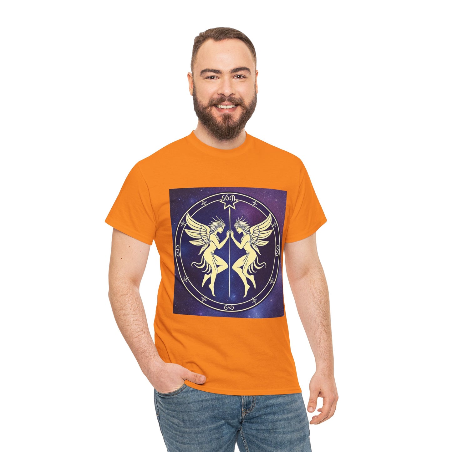 Unisex Heavy Cotton T-Shirt, Space Angel Twins, Gemini Zodiac Design