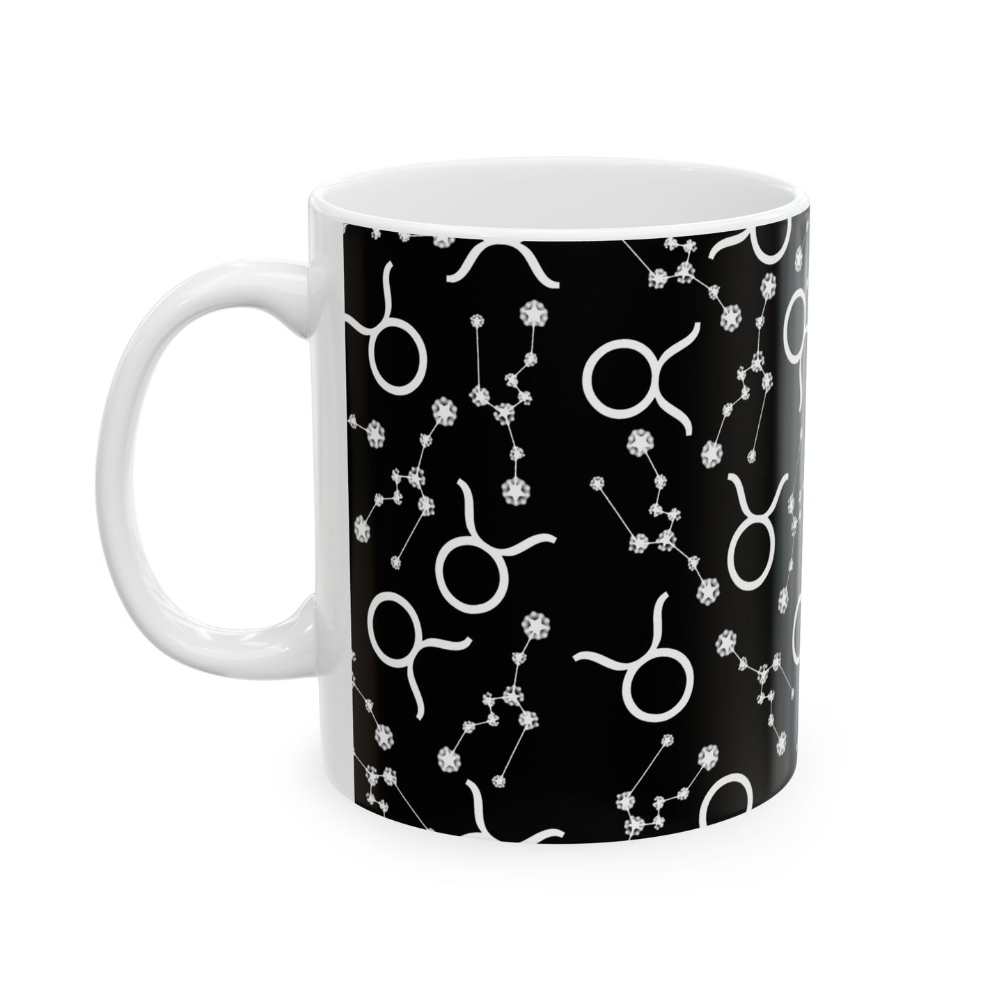 Ceramic Mug, (11oz, 15oz), Ceramic Coffee Mug, Black AOP, Taurus Zodiac Design