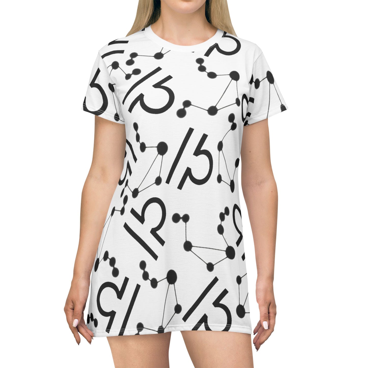 T-Shirt Dress (AOP), 100% Polyester, White thread color, Libra Zodiac design