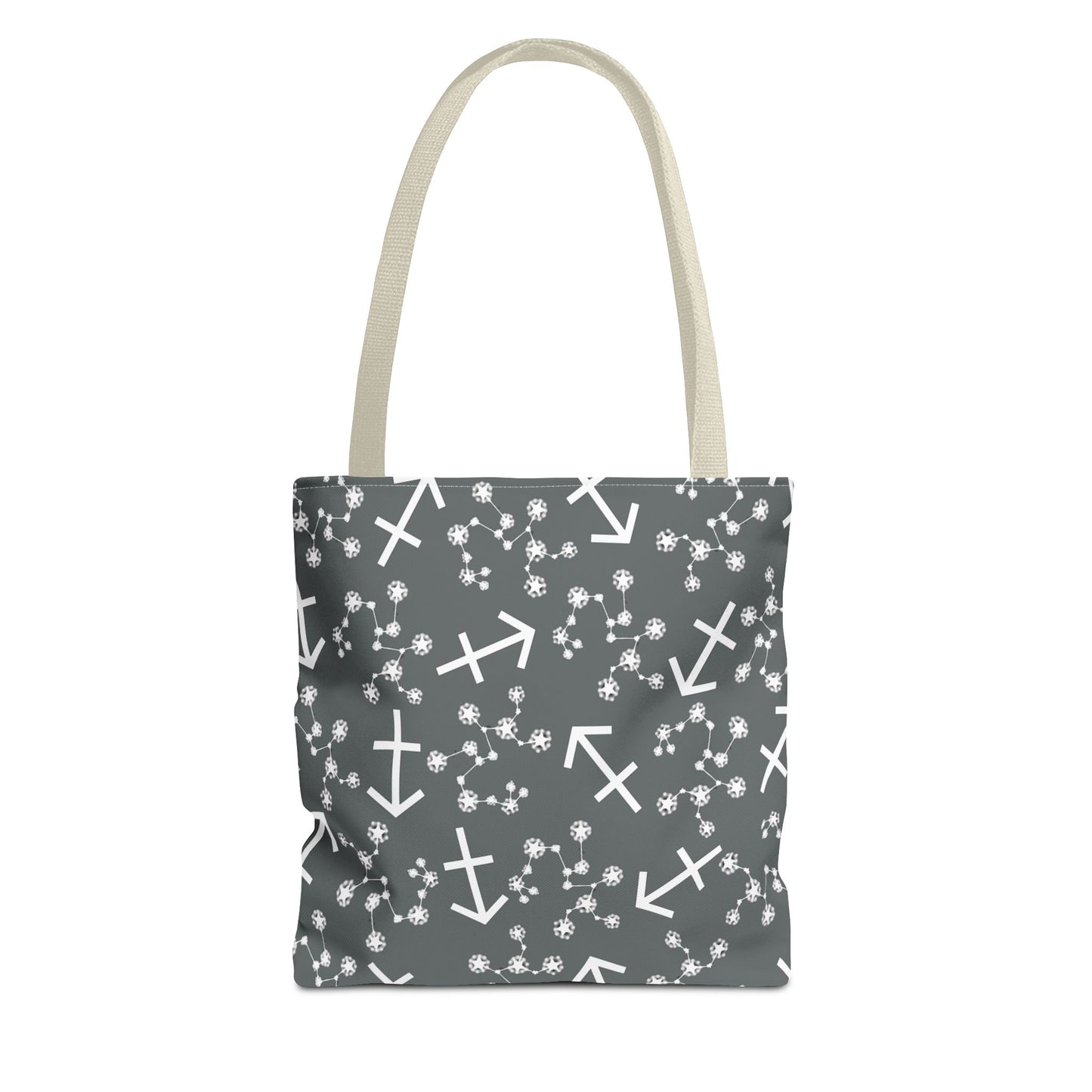 Tote Bag, Sagittarius Zodiac Sign, AOP, (Grey, White Print)