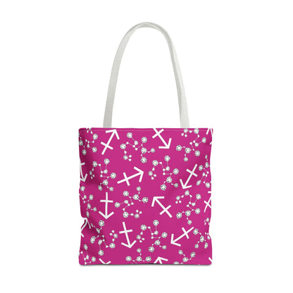 Tote Bag, Sagittarius Zodiac Sign, AOP, (Pink, White Print)