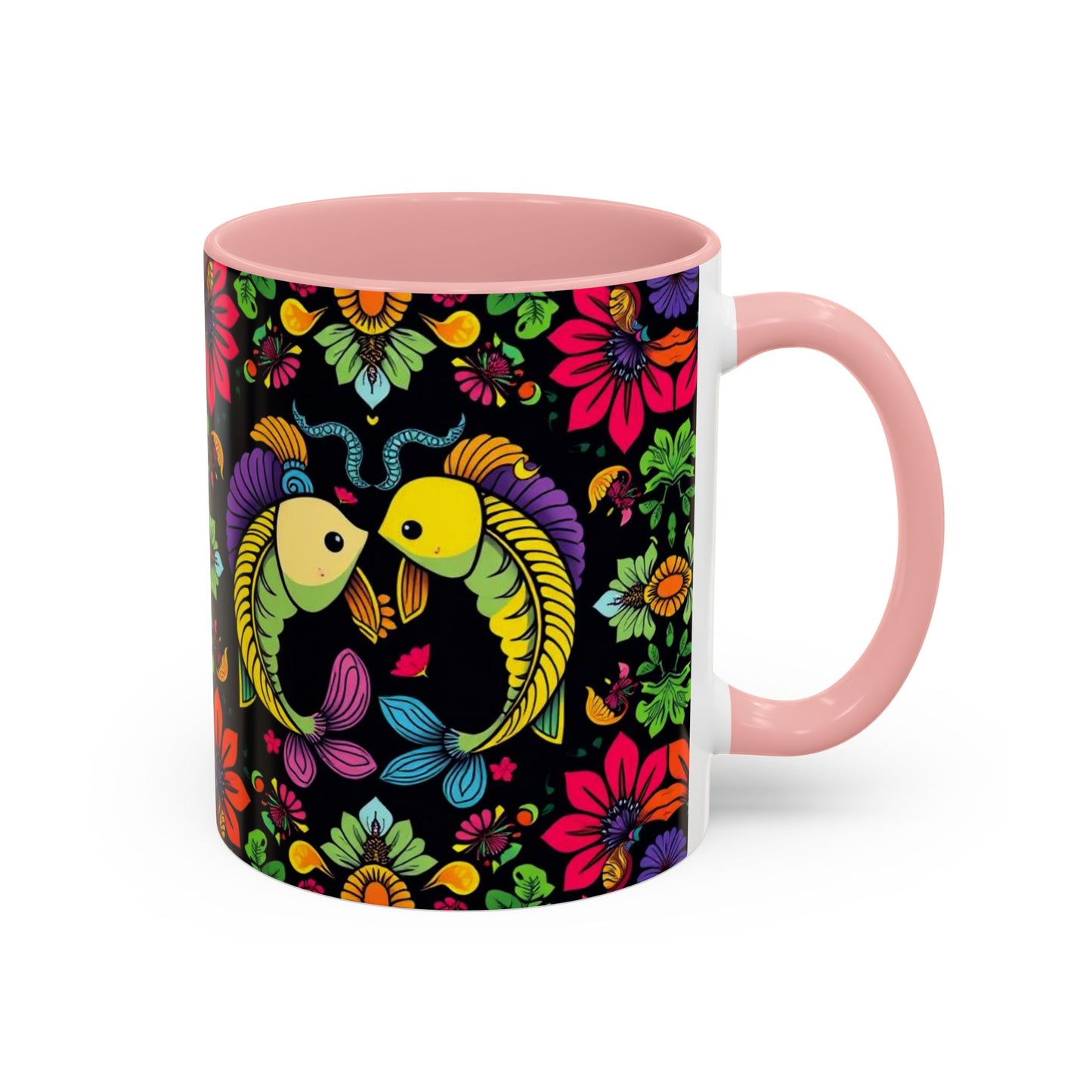 Accent Coffee Mug, Pisces, Zodiac v3, Flower Pattern, (11, 15oz)