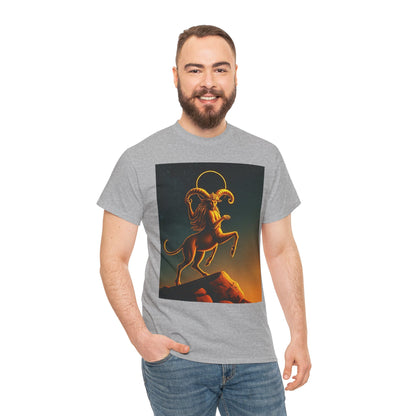 Unisex Heavy Cotton T-Shirt, Mountain Top, Aries Zodiac Design