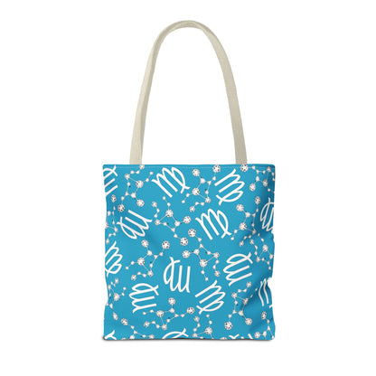 Tote Bag, Virgo Zodiac Sign, AOP, (Turquoise, White)