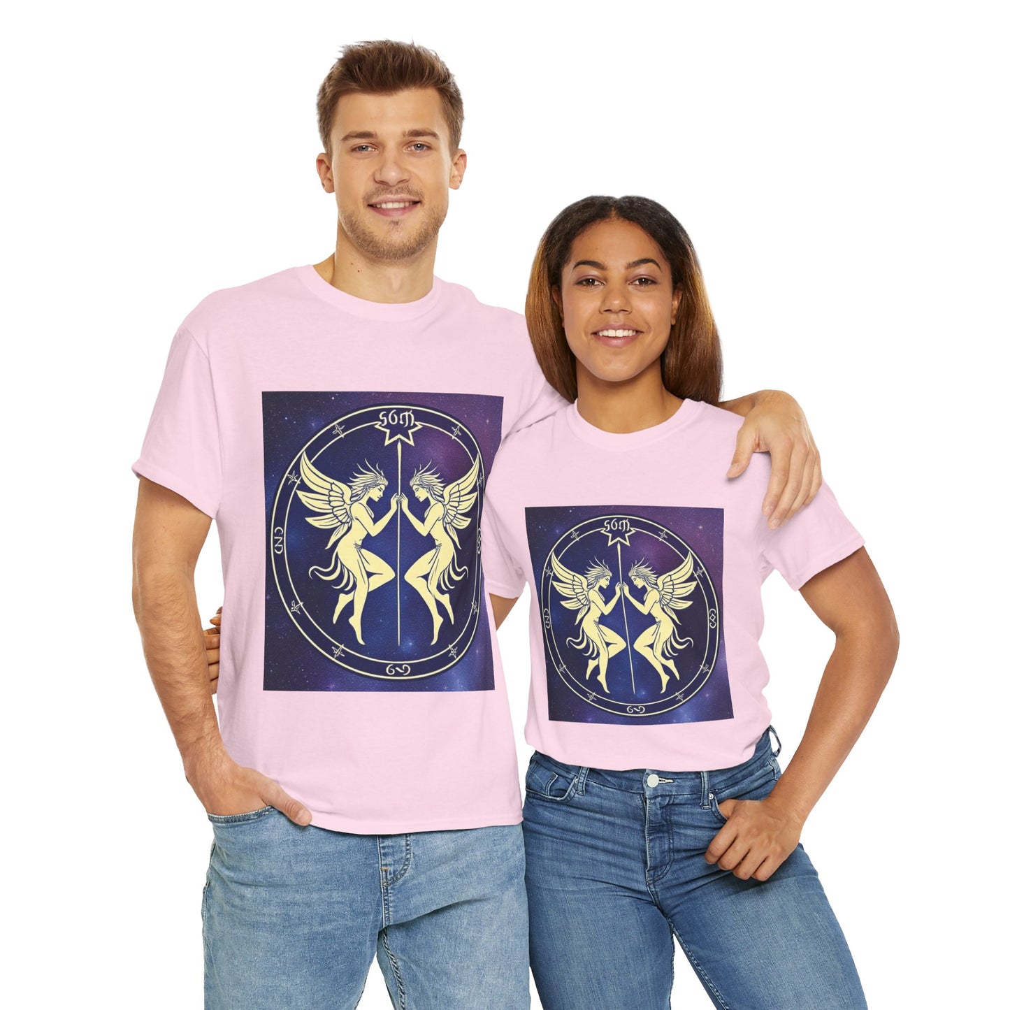 Unisex Heavy Cotton T-Shirt, Space Angel Twins, Gemini Zodiac Design
