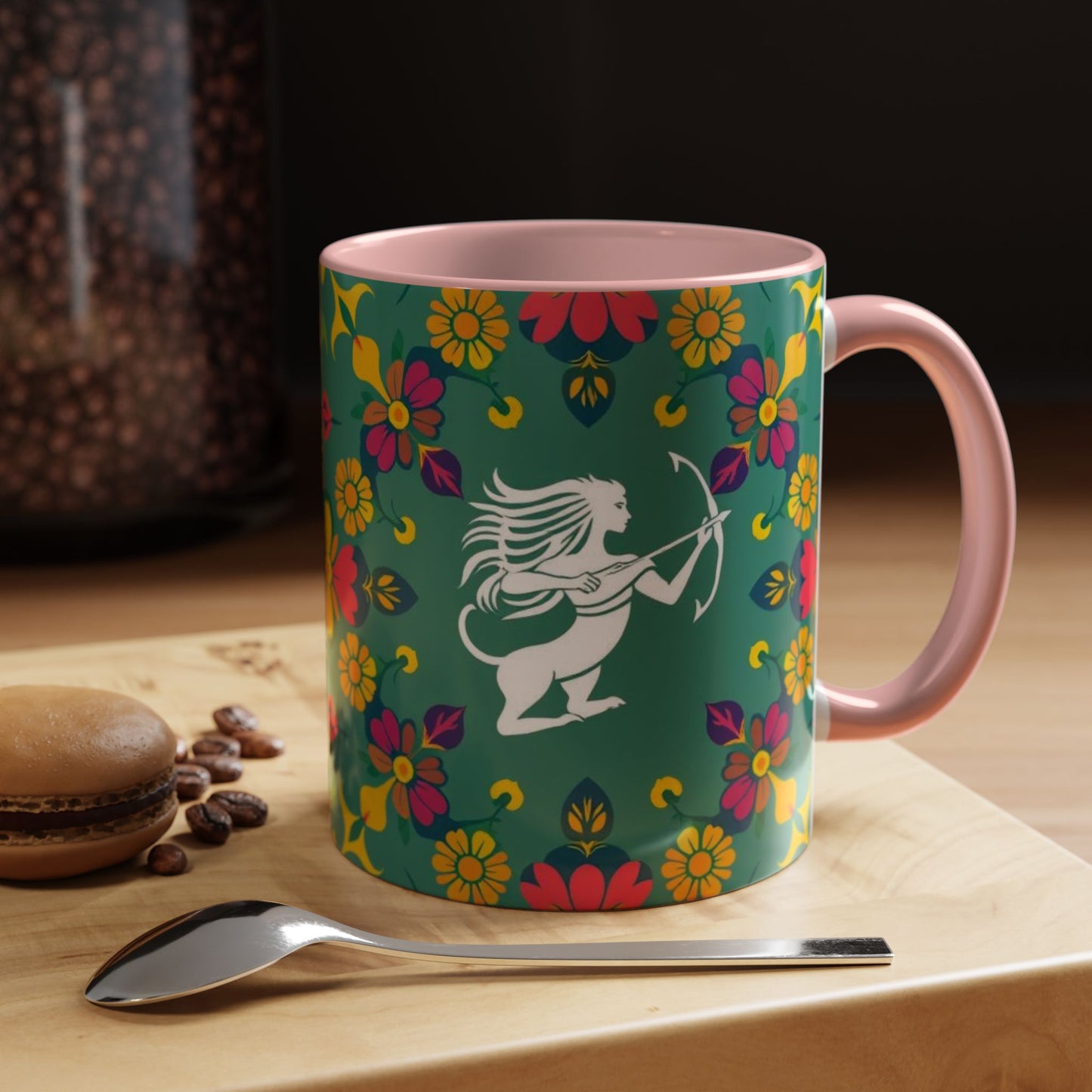 Accent Coffee Mug, Sagittarius, Zodiac. Flower Pattern, (11, 15oz)