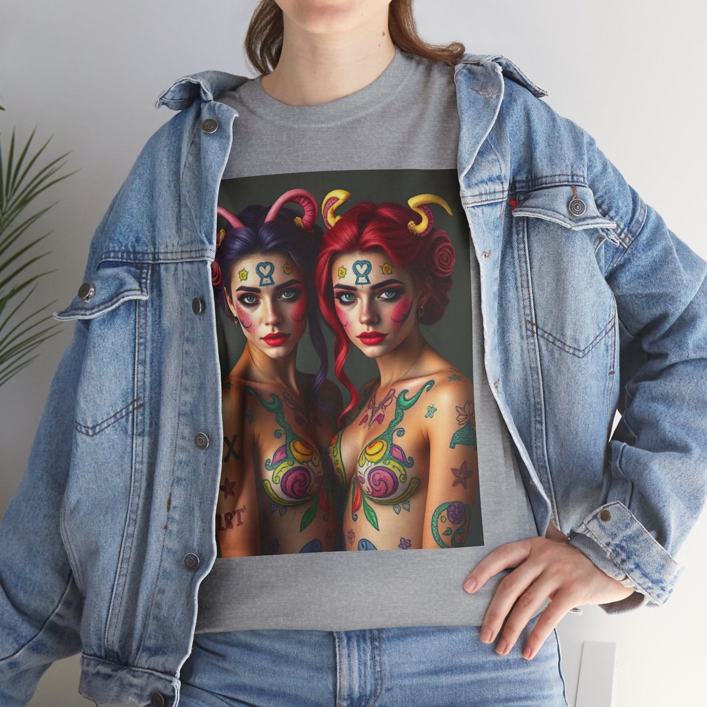 Unisex Heavy Cotton T-Shirt, Gemini, Zodiac v3, Sexy Art