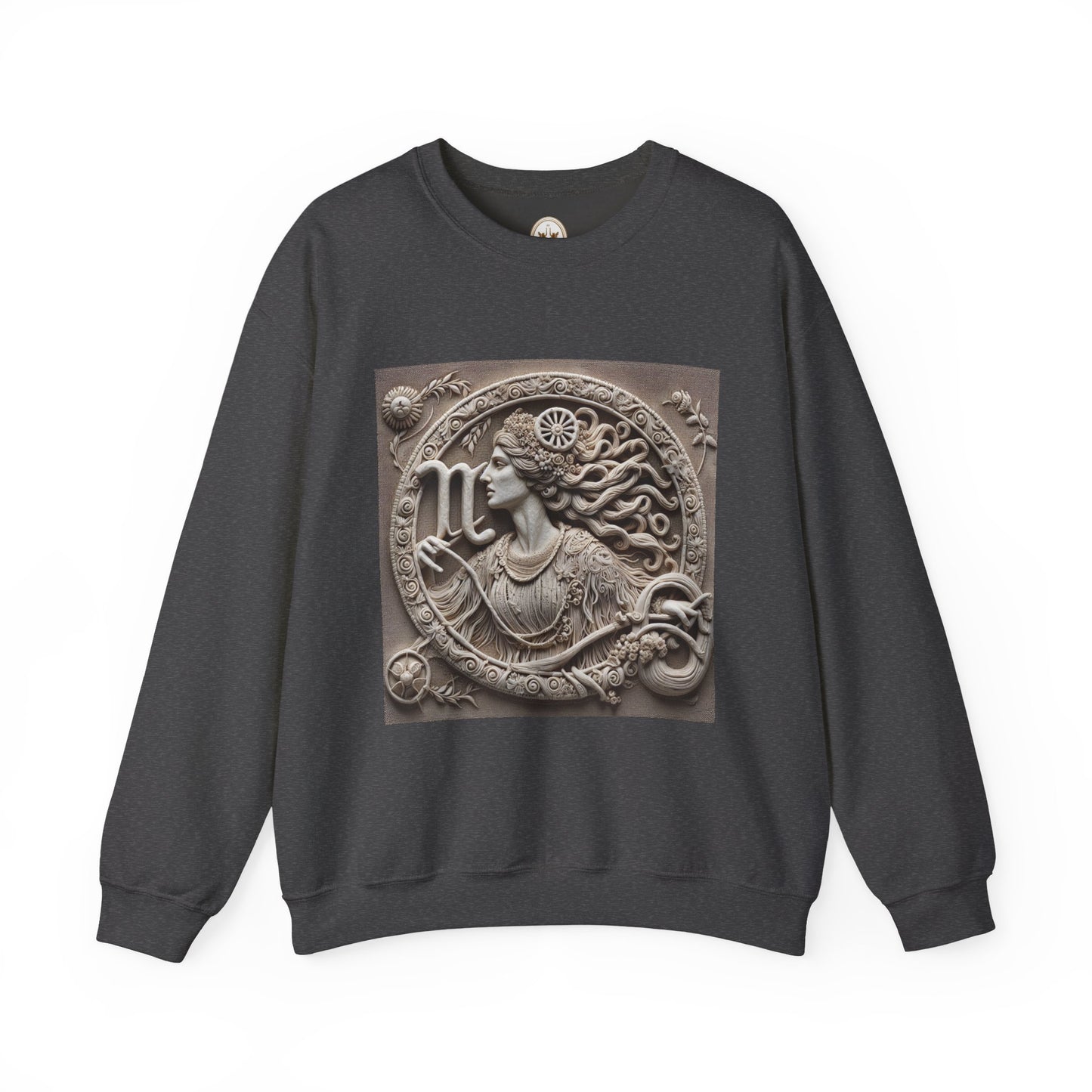 Unisex Heavy Blend™ Crewneck Sweatshirt, Stone Carving, Virgo Zodiac Design