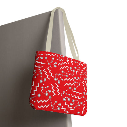 Tote Bag, Aquarius Zodiac Sign, AOP, (Red, White)