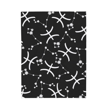 Velveteen Plush Blanket, Pisces Zodiac Sign, Constellation & Symbol, Black, 100% polyester