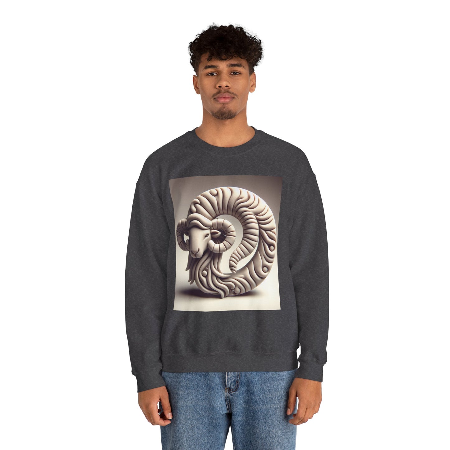 Unisex Heavy Blend™ Crewneck Sweatshirt, Round Statue, Aries Zodiac Design