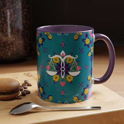 Accent Coffee Mug, Libra, Zodiac v2, Flower Pattern, (11, 15oz)
