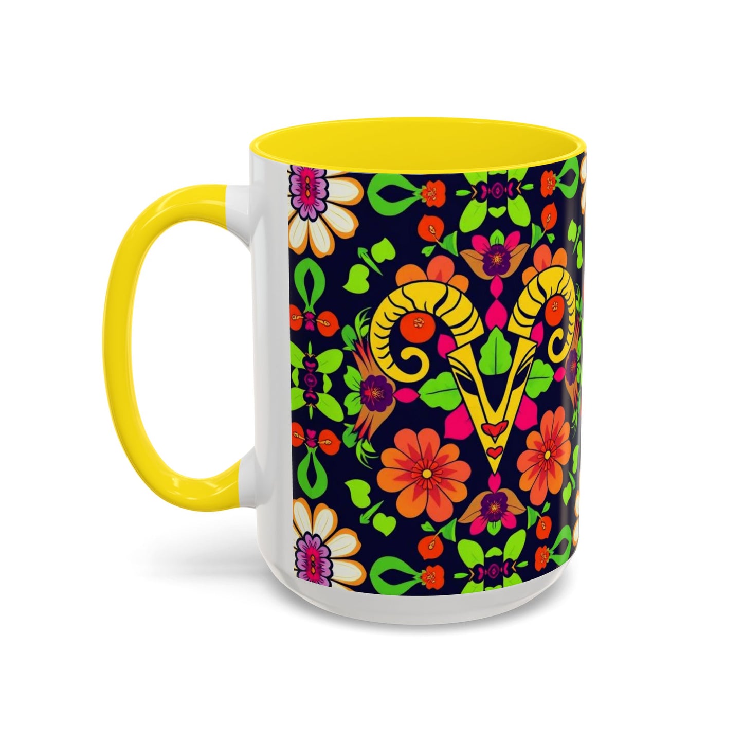 Accent Coffee Mug, Aries, Zodiac v2, Flower Pattern, (11, 15oz)