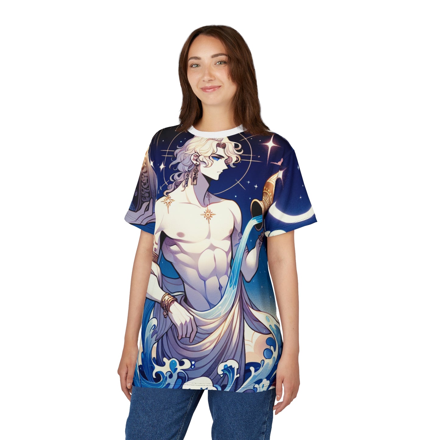 Unisex Cut & Sew T-Shirt (AOP), Anime Character, Aquarius Zodiac Design, Regular fit, 100% Polyester
