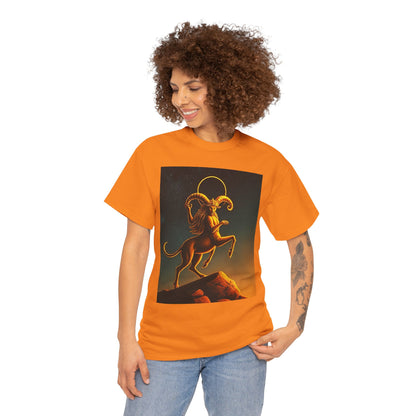 Unisex Heavy Cotton T-Shirt, Mountain Top, Aries Zodiac Design