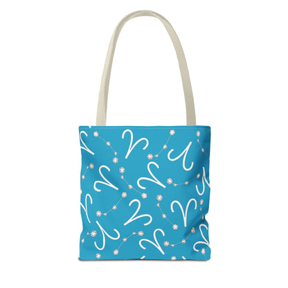 Tote Bag, Aries Zodiac Sign, AOP, (Turquoise, White)
