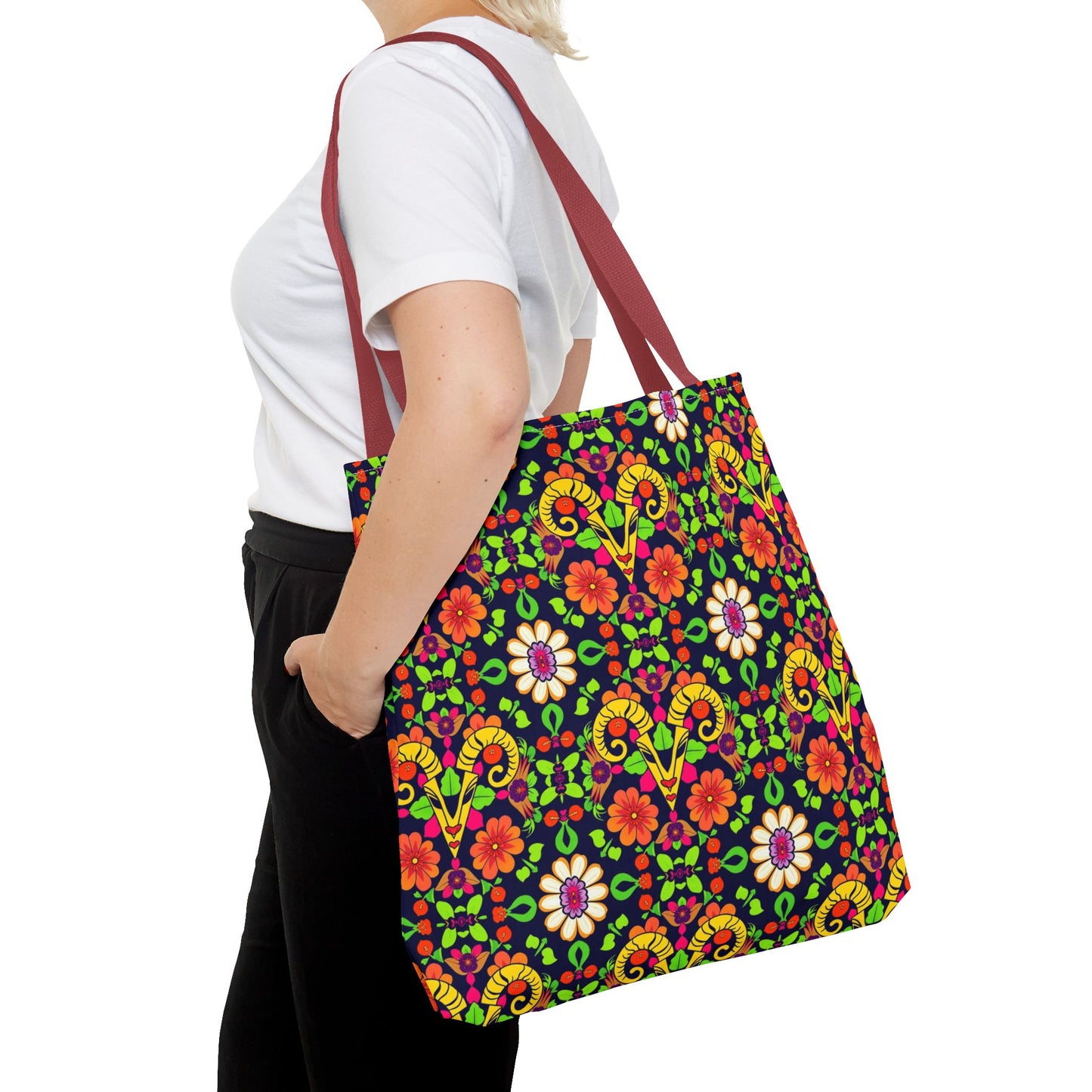 Tote Bag (AOP), Aries, Zodiac, Flower Pattern