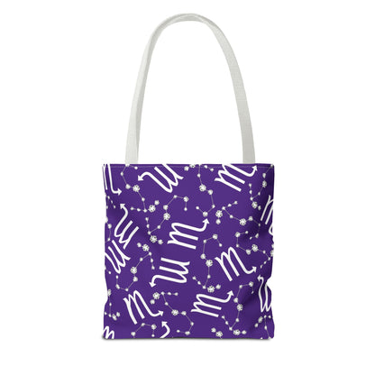 Tote Bag, Scorpio Zodiac Sign, AOP, (Purple, White)