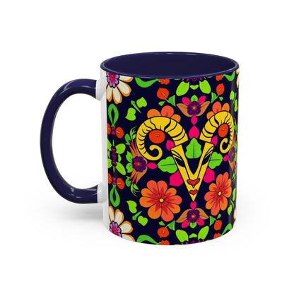 Accent Coffee Mug, Aries, Zodiac v2, Flower Pattern, (11, 15oz)