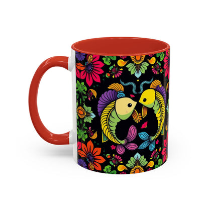 Accent Coffee Mug, Pisces, Zodiac v3, Flower Pattern, (11, 15oz)