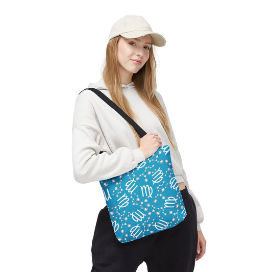 Tote Bag, Virgo Zodiac Sign, AOP, (Turquoise, White)
