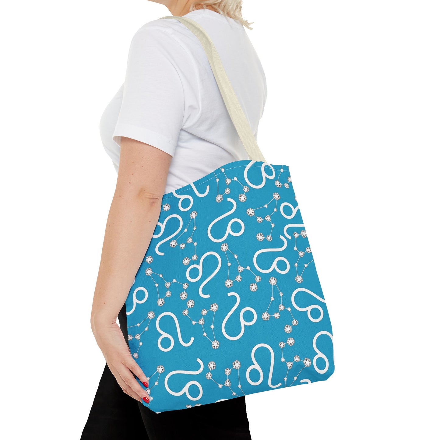 Tote Bag, Leo Zodiac Sign, AOP, (Turquoise, White)