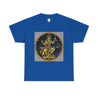 Unisex Heavy Cotton T-Shirt, Gold v1, Libra God, Zodiac Design