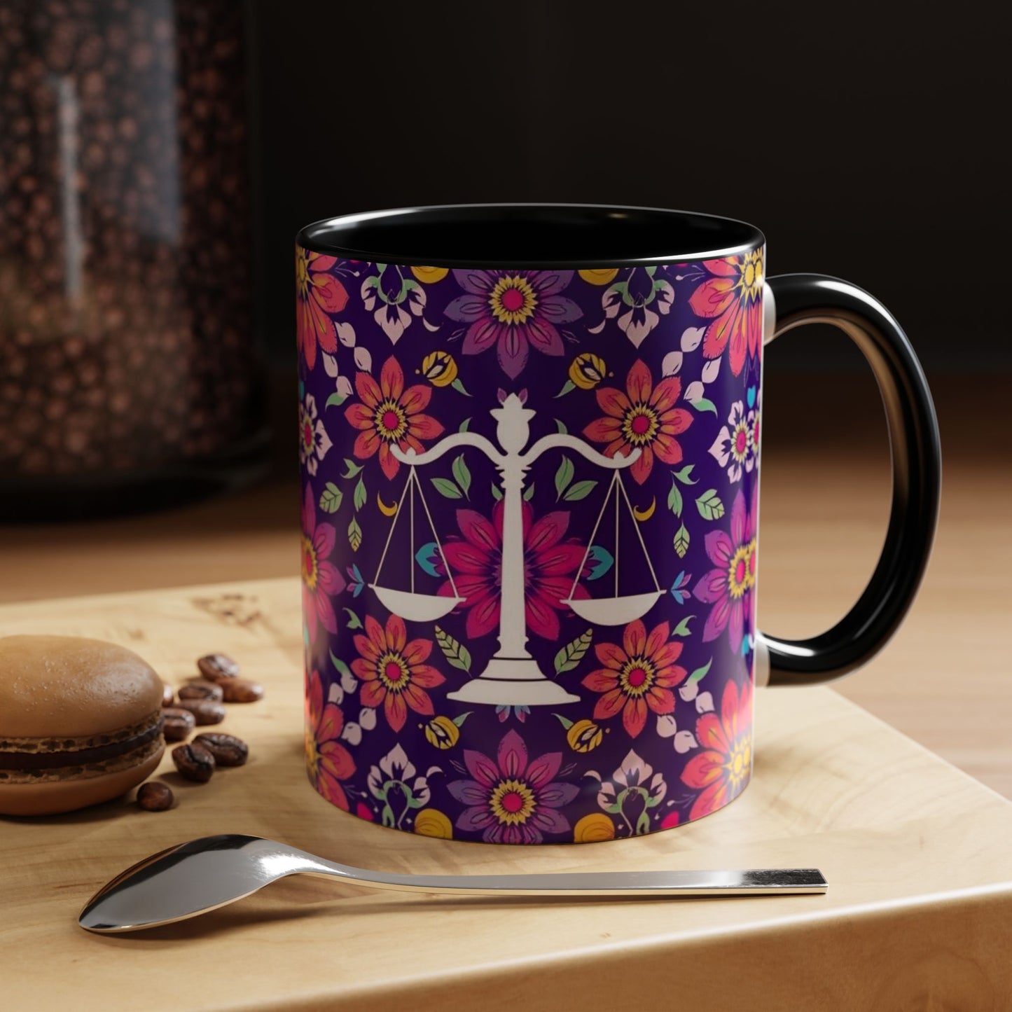 Accent Coffee Mug, Libra, Zodiac v3, Flower Pattern, (11, 15oz)