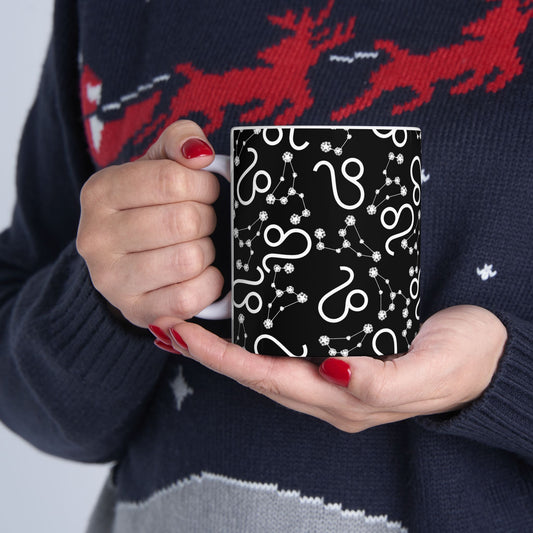 Ceramic Mug, (11oz, 15oz), Ceramic Coffee Mug, Black AOP, Leo Zodiac Design