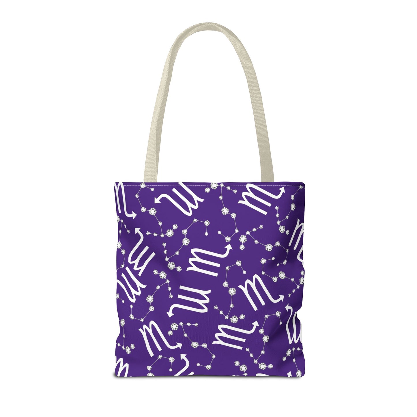 Tote Bag, Scorpio Zodiac Sign, AOP, (Purple, White)