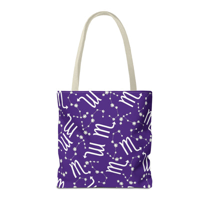 Tote Bag, Scorpio Zodiac Sign, AOP, (Purple, White)