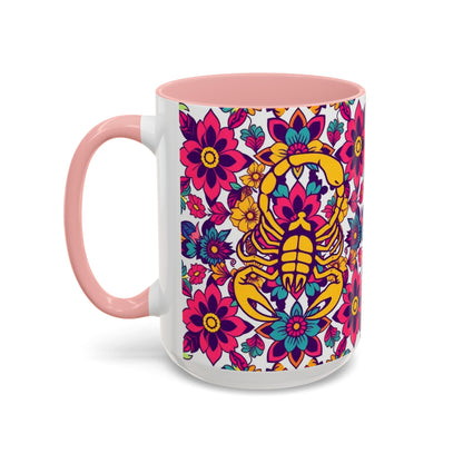 Accent Coffee Mug, Scorpio, Zodiac v2. Flower Pattern, (11, 15oz)