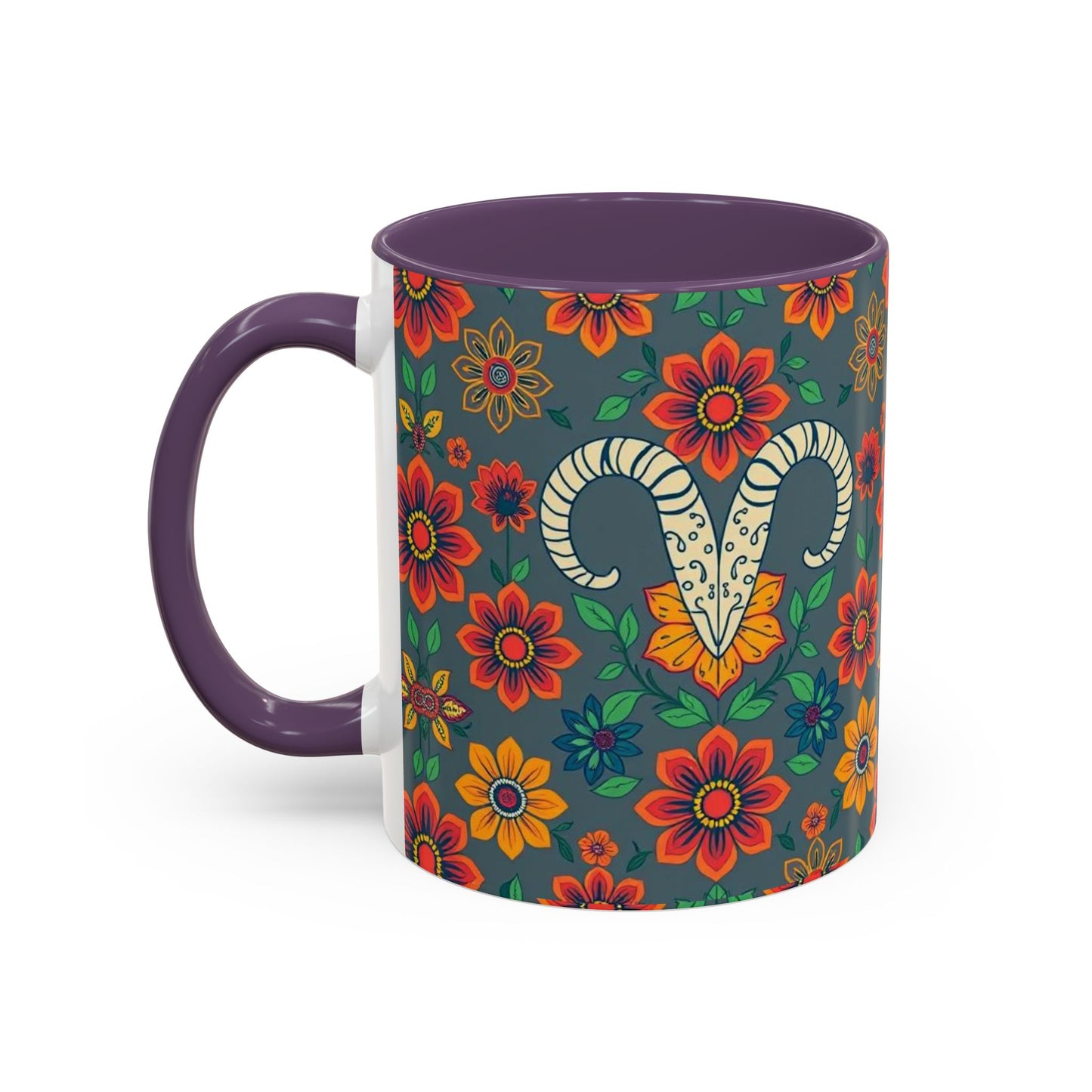 Accent Coffee Mug, Aries, Zodiac v4, Flower Pattern, (11, 15oz)