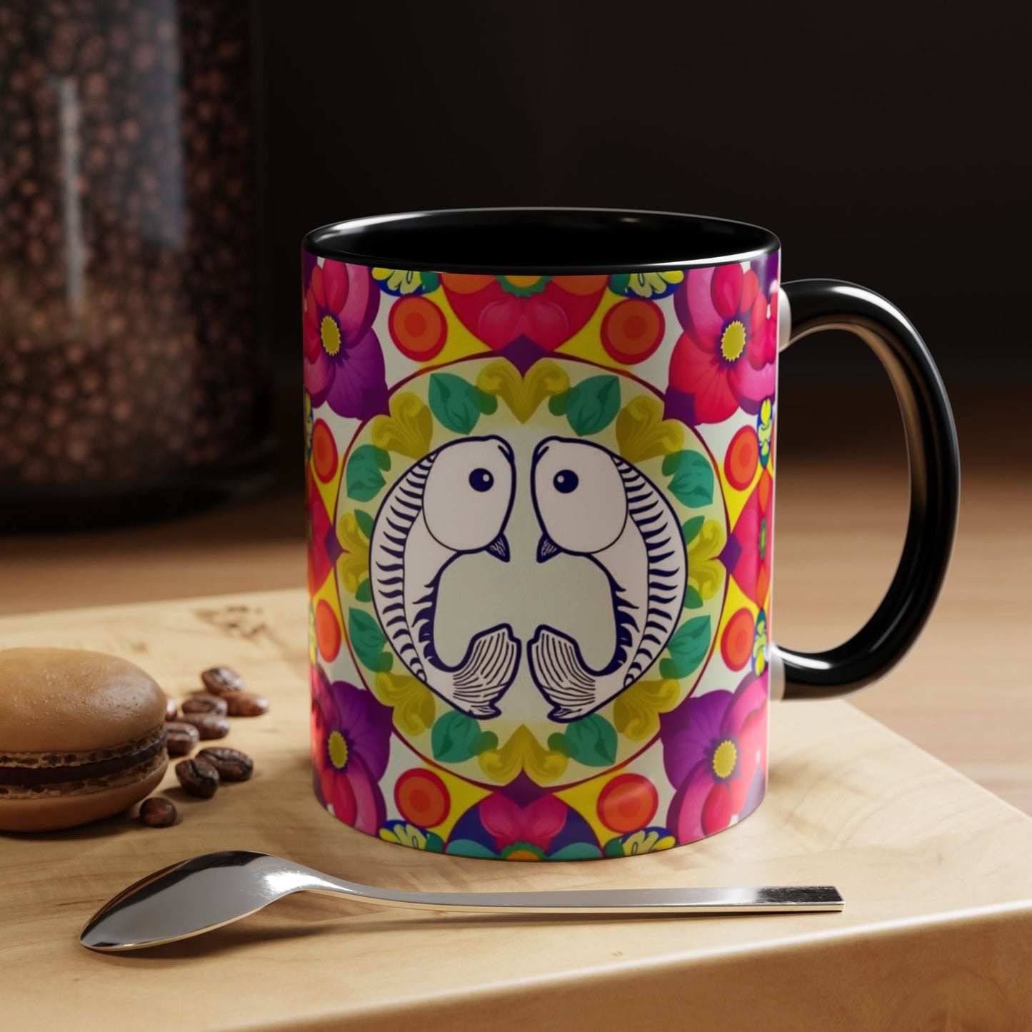 Accent Coffee Mug, Pisces, Zodiac v4, Flower Pattern, (11, 15oz)