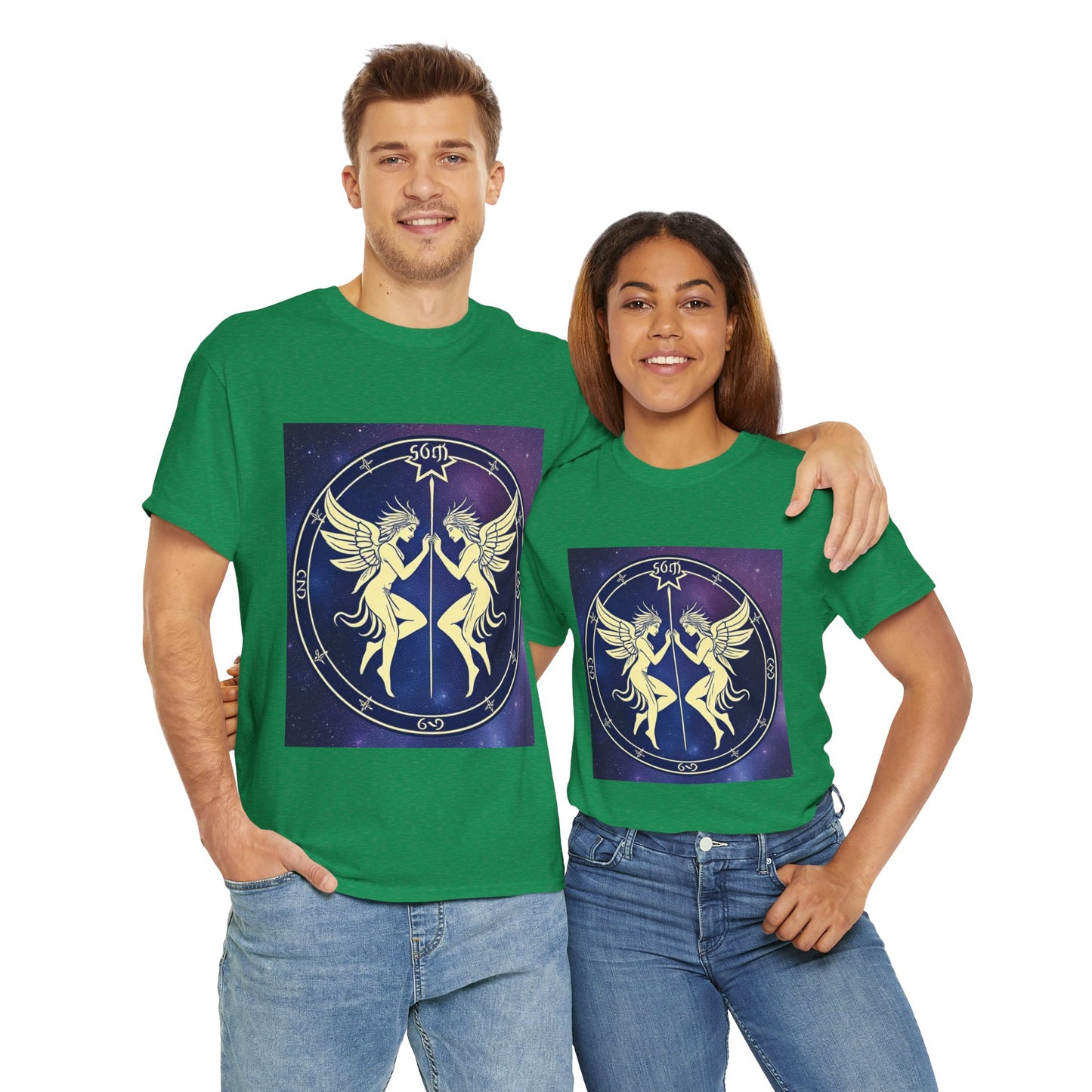 Unisex Heavy Cotton T-Shirt, Space Angel Twins, Gemini Zodiac Design