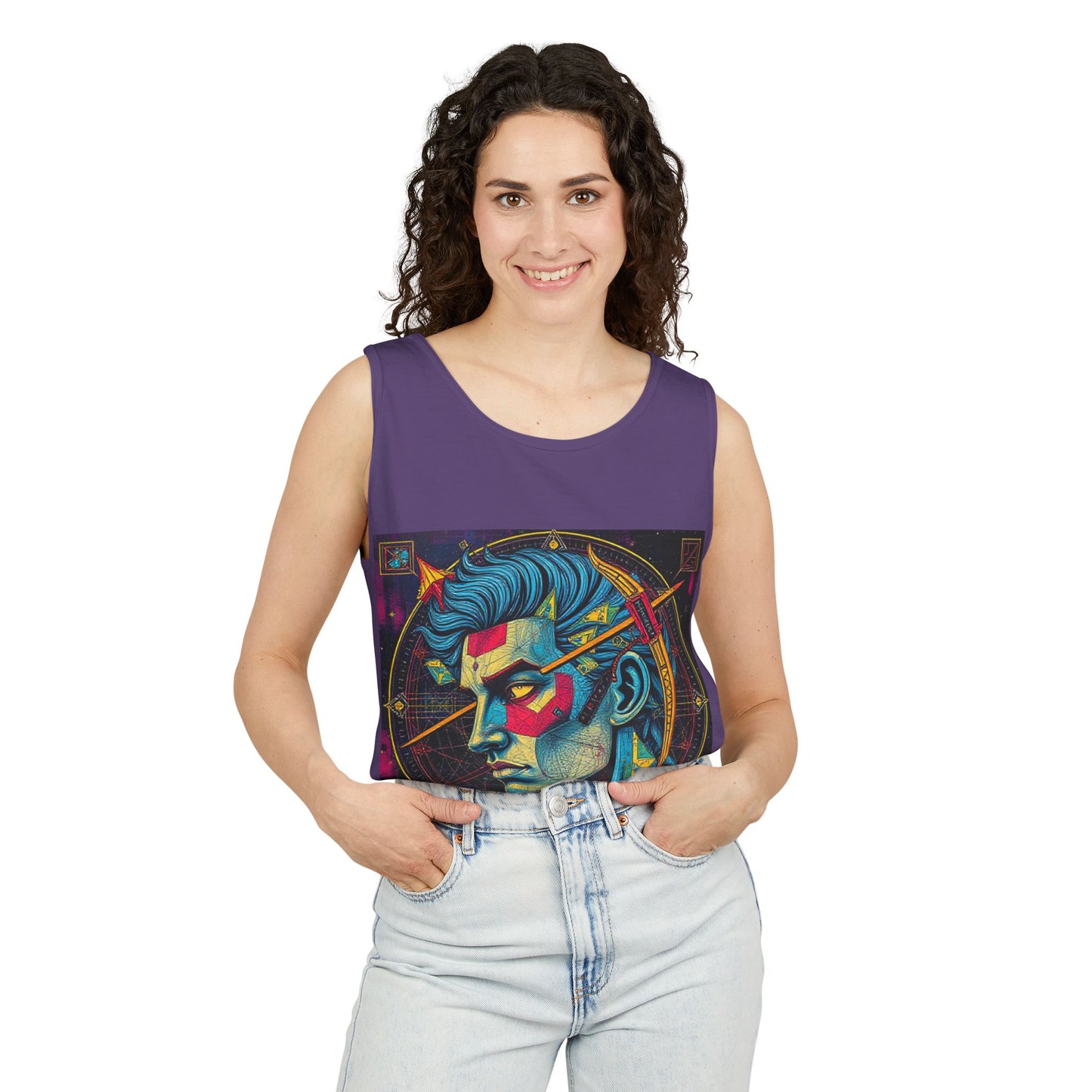 Unisex Garment-Dyed, Tank Top, Sagittarius Design, Pop Art v1, 100% US cotton
