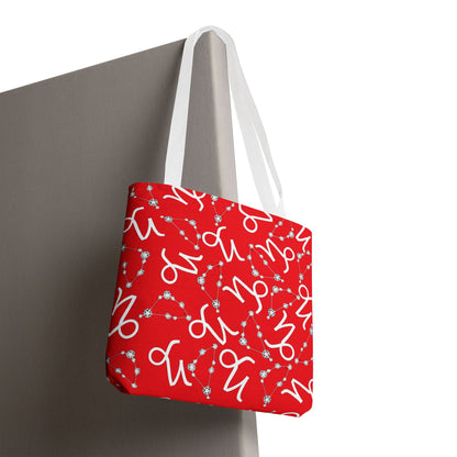 Tote Bag, Capricorn Zodiac Sign, AOP, (Red, White)