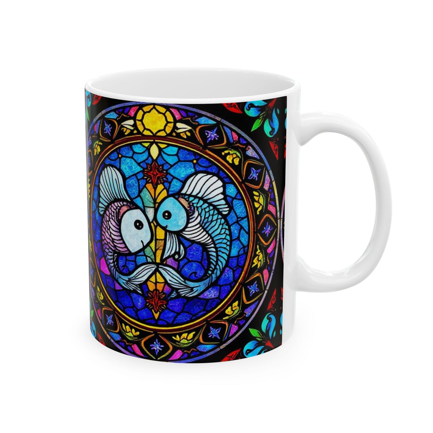 Ceramic Mug, (11oz, 15oz), Ceramic Coffee Mug, AOP, Glass Design v1, Pisces Zodiac Sign