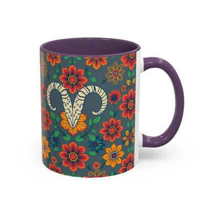 Accent Coffee Mug, Aries, Zodiac v4, Flower Pattern, (11, 15oz)