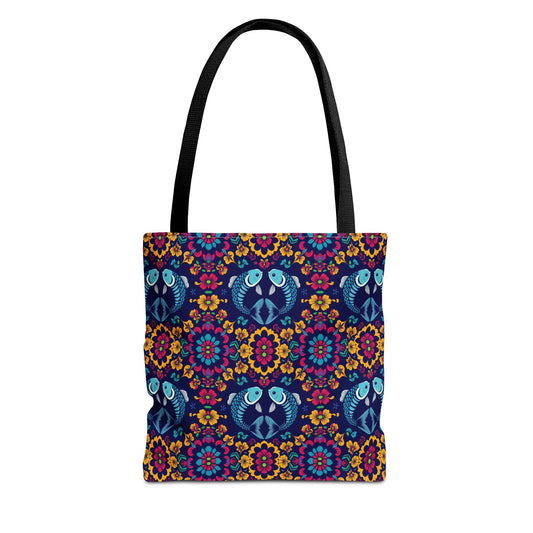 Tote Bag, (AOP), Pisces, Zodiac v3, Flower Pattern