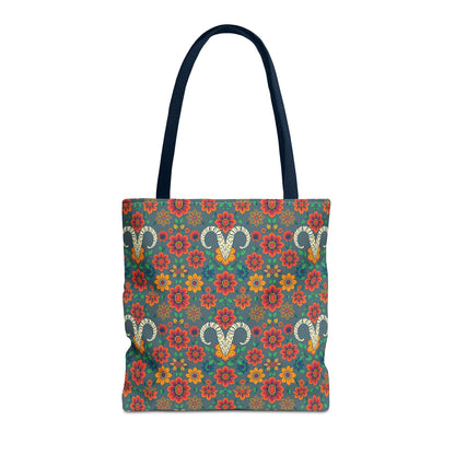 Tote Bag, (AOP), Aries, Zodiac v1, Flower Pattern