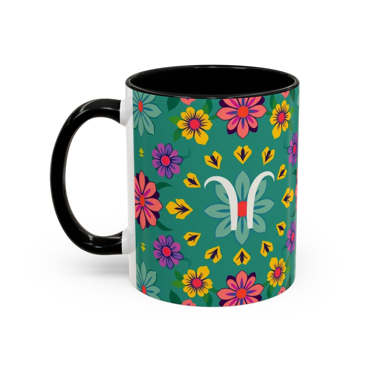 Accent Coffee Mug, Aquarius, Zodiac v3, Flower Pattern, (11, 15oz)