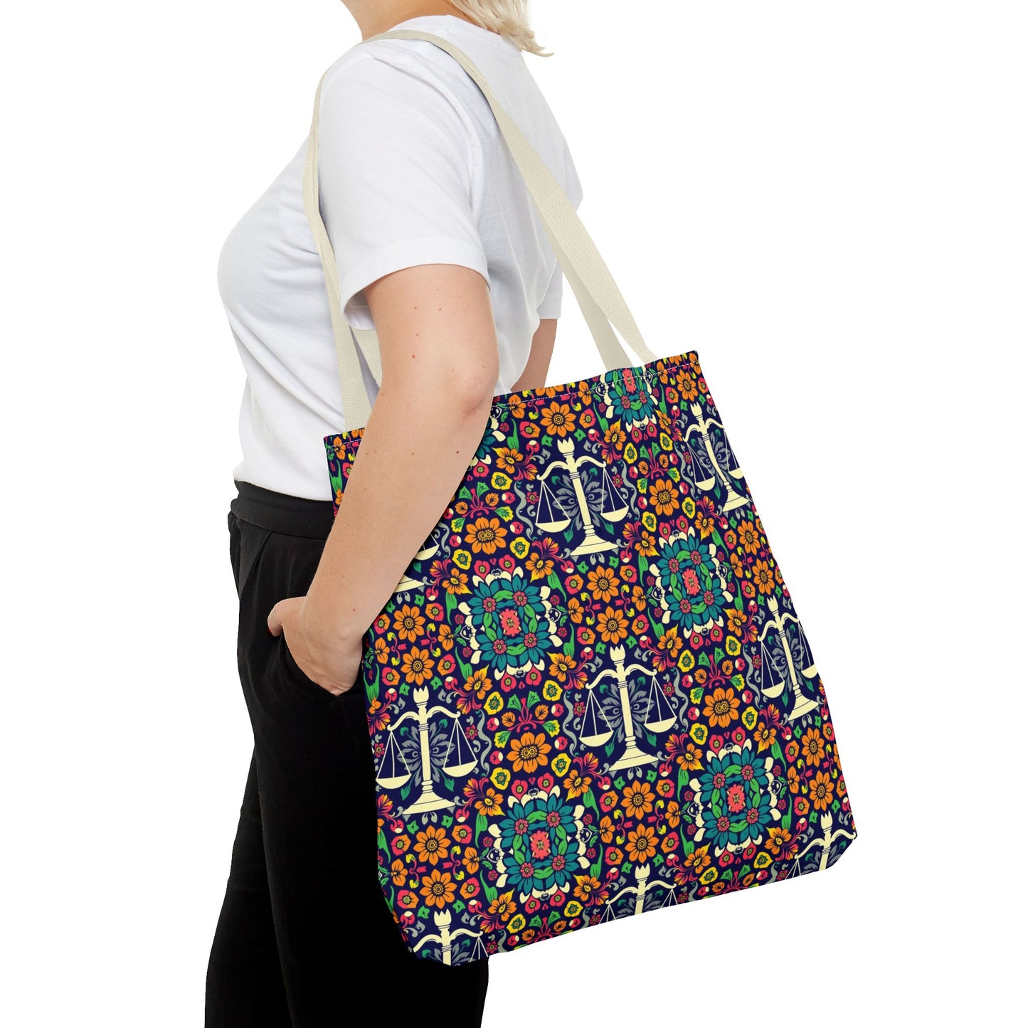 Tote Bag, (AOP), Libra, Zodiac v1, Flower Pattern